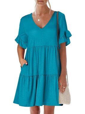 Anrabess Women's Lake Blue Neck Ruffle Sleeve A Line Tiered Mini Flowy Dress